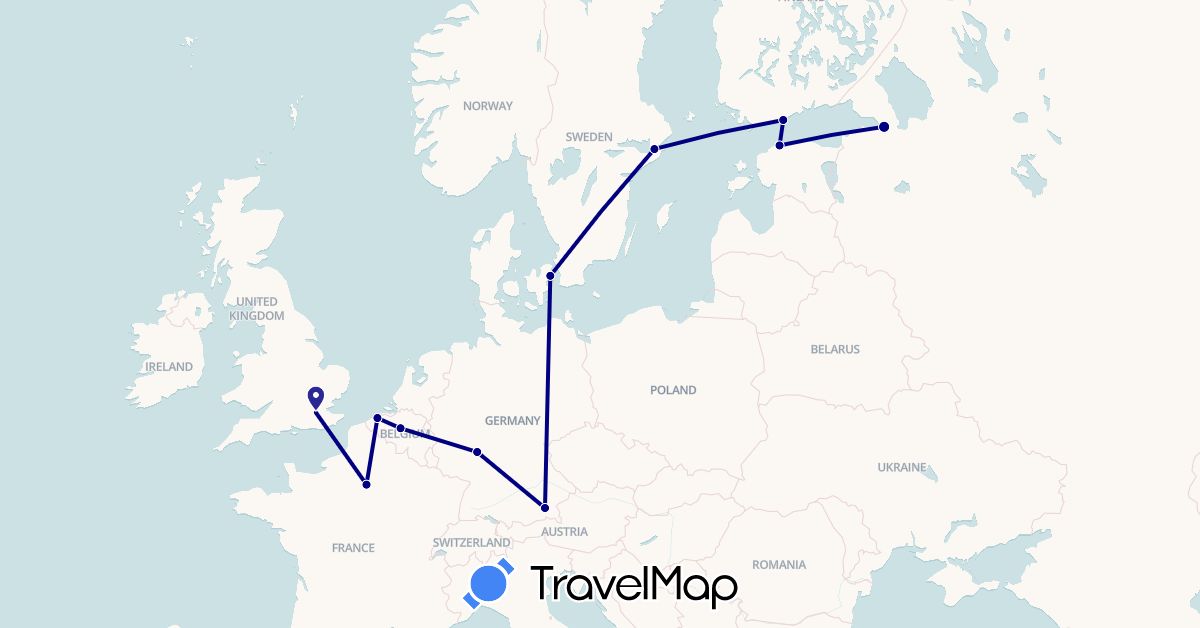 TravelMap itinerary: driving in Belgium, Germany, Denmark, Estonia, Finland, United Kingdom, Russia (Europe)